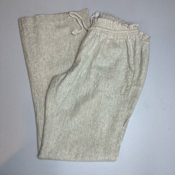 Women's Roxy Linen Blend Large Pants Tan Beige Khaki Oatmeal Tie at waist L - Picture 12 of 12